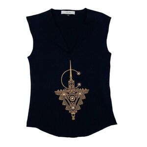 Julia Womens Split Neck Embroidered Tazerzit Fibula Tank Top Black Small‎ NWOT